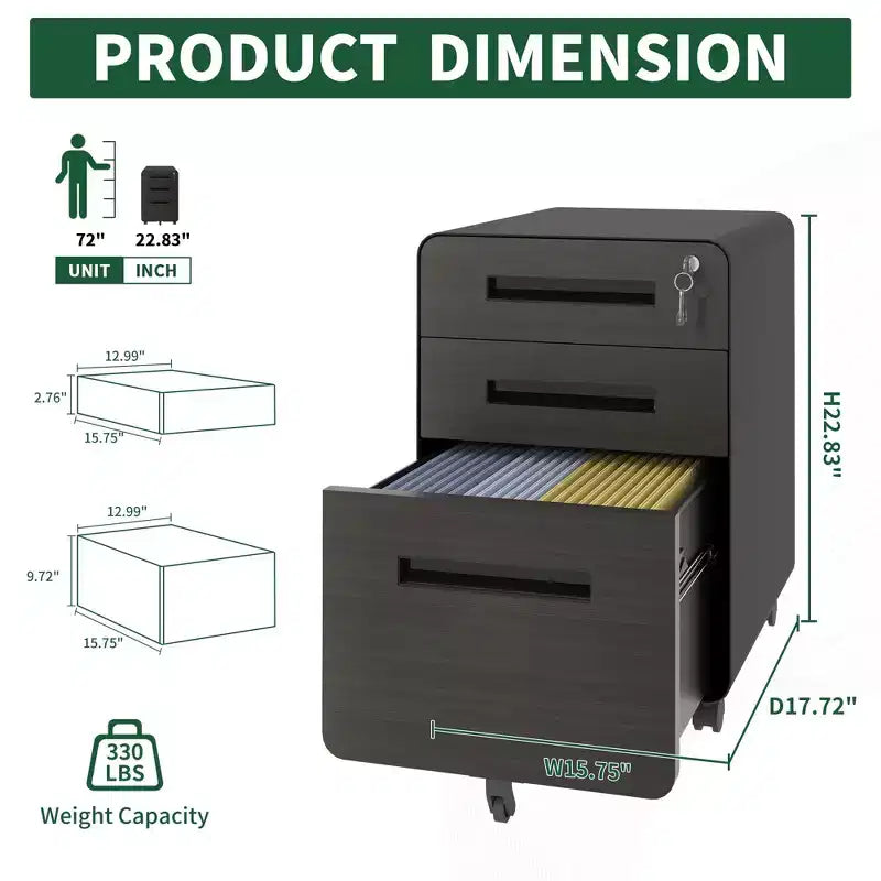 Mobile File Cabinet with Lock All-Steel Fully Assembled, Anti-Tip Design & Locking Casters, Fits A4/Letter, for Home/Office (Black)