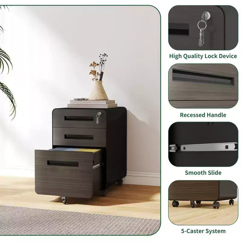 Mobile File Cabinet with Lock All-Steel Fully Assembled, Anti-Tip Design & Locking Casters, Fits A4/Letter, for Home/Office (Black)