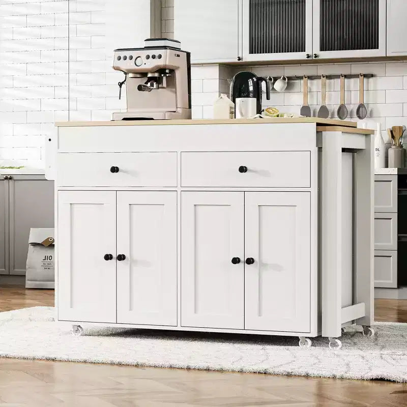 74 inch Mobile Kitchen Island with Wheels and Extendable Dining Table, Includes Spice Rack and 2 Drawers, Suitable for Kitchen, White