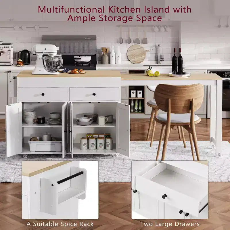74 inch Mobile Kitchen Island with Wheels and Extendable Dining Table, Includes Spice Rack and 2 Drawers, Suitable for Kitchen, White