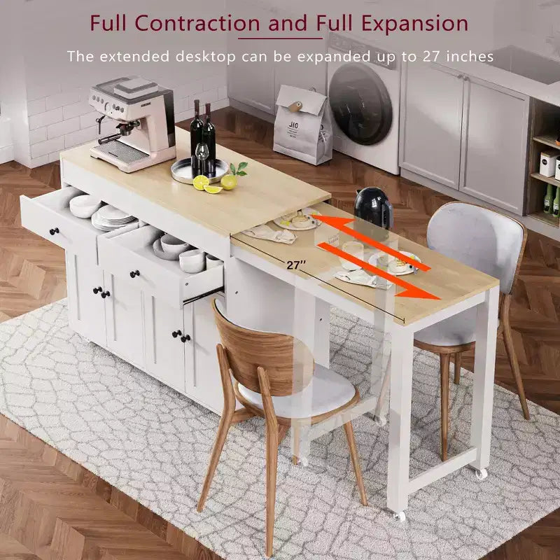 74 inch Mobile Kitchen Island with Wheels and Extendable Dining Table, Includes Spice Rack and 2 Drawers, Suitable for Kitchen, White