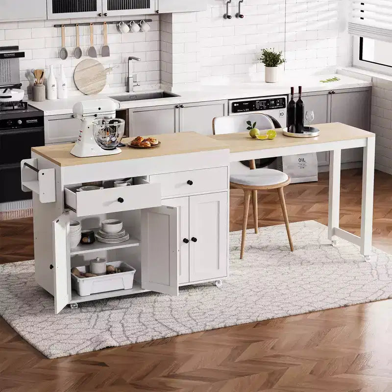 74 inch Mobile Kitchen Island with Wheels and Extendable Dining Table, Includes Spice Rack and 2 Drawers, Suitable for Kitchen, White