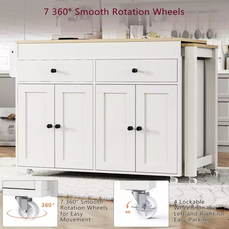 74 inch Mobile Kitchen Island with Wheels and Extendable Dining Table, Includes Spice Rack and 2 Drawers, Suitable for Kitchen, White