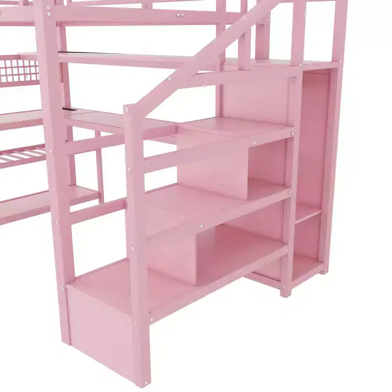 Full Size Loft Bed with Storage Staircase & Wardrobe,Metal Loft Bed with Desk,Storage Shelves,Charge Station,LED Lights for Teens & Adults
