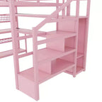 Full Size Loft Bed with Storage Staircase & Wardrobe,Metal Loft Bed with Desk,Storage Shelves,Charge Station,LED Lights for Teens & Adults