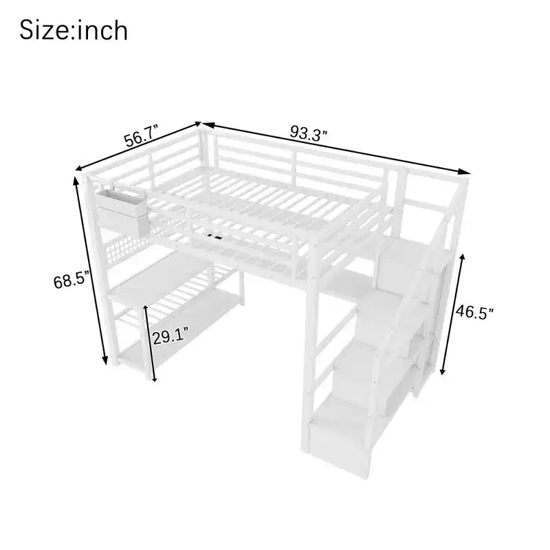 Full Size Loft Bed with Storage Staircase & Wardrobe,Metal Loft Bed with Desk,Storage Shelves,Charge Station,LED Lights for Teens & Adults