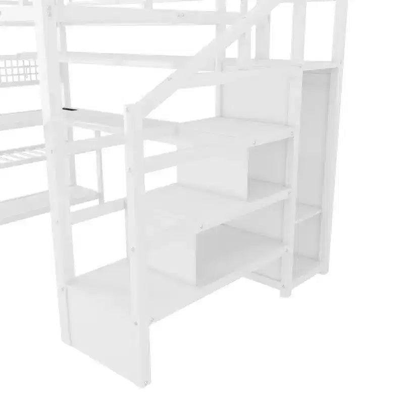Full Size Loft Bed with Storage Staircase & Wardrobe,Metal Loft Bed with Desk,Storage Shelves,Charge Station,LED Lights for Teens & Adults