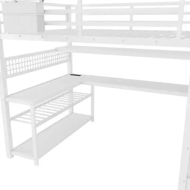 Full Size Loft Bed with Storage Staircase & Wardrobe,Metal Loft Bed with Desk,Storage Shelves,Charge Station,LED Lights for Teens & Adults