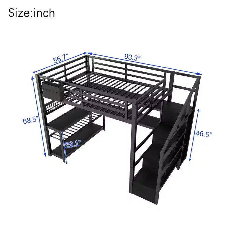 Full Size Loft Bed with Storage Staircase & Wardrobe,Metal Loft Bed with Desk,Storage Shelves,Charge Station,LED Lights for Teens & Adults