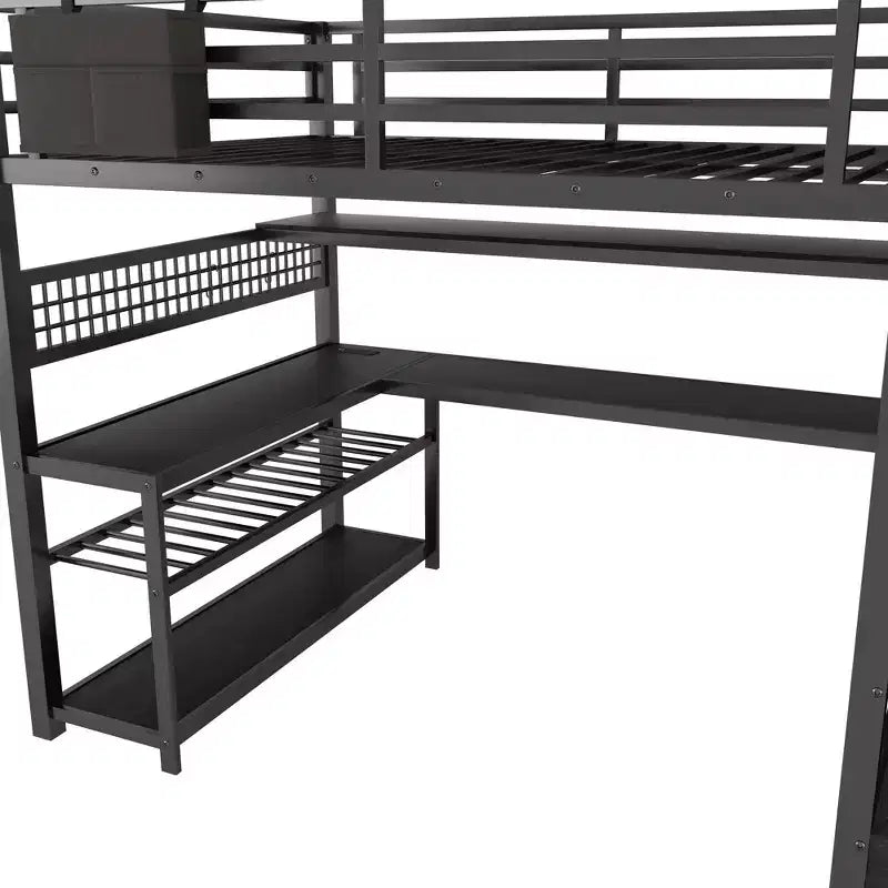 Full Size Loft Bed with Storage Staircase & Wardrobe,Metal Loft Bed with Desk,Storage Shelves,Charge Station,LED Lights for Teens & Adults