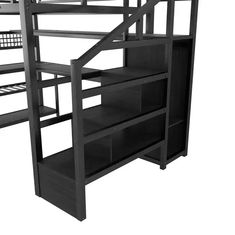 Full Size Loft Bed with Storage Staircase & Wardrobe,Metal Loft Bed with Desk,Storage Shelves,Charge Station,LED Lights for Teens & Adults