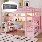 Full Size Loft Bed with Storage Staircase & Wardrobe,Metal Loft Bed with Desk,Storage Shelves,Charge Station,LED Lights for Teens & Adults