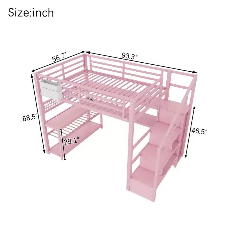 Full Size Loft Bed with Storage Staircase & Wardrobe,Metal Loft Bed with Desk,Storage Shelves,Charge Station,LED Lights for Teens & Adults