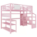 Full Size Loft Bed with Storage Staircase & Wardrobe,Metal Loft Bed with Desk,Storage Shelves,Charge Station,LED Lights for Teens & Adults