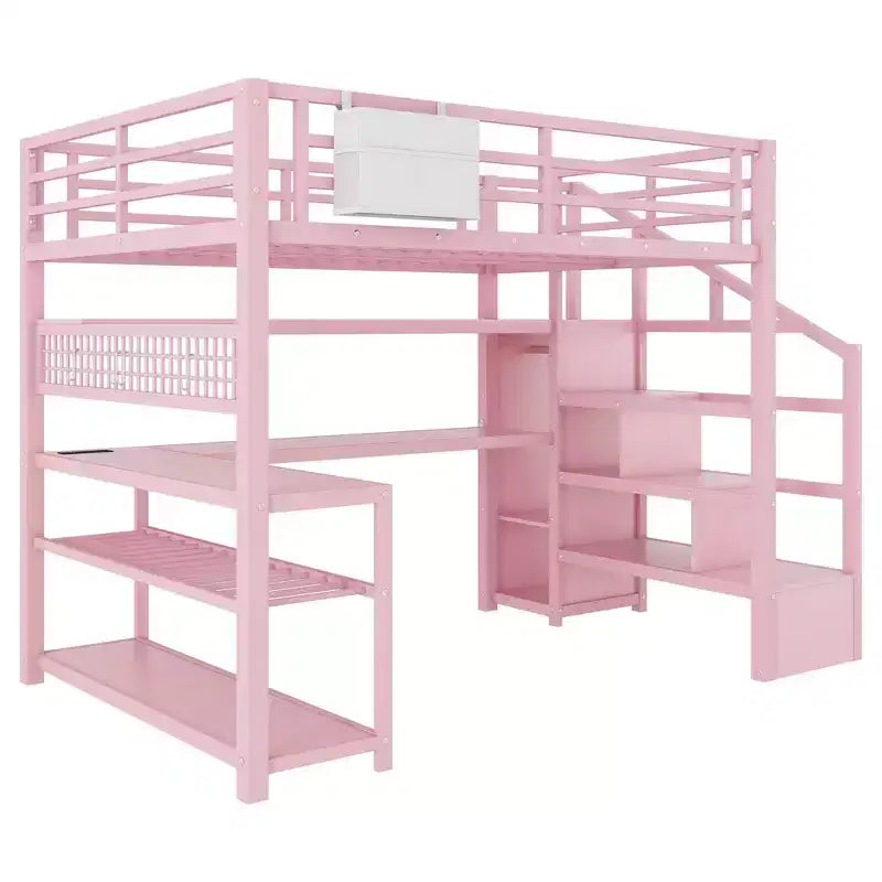 Full Size Loft Bed with Storage Staircase & Wardrobe,Metal Loft Bed with Desk,Storage Shelves,Charge Station,LED Lights for Teens & Adults
