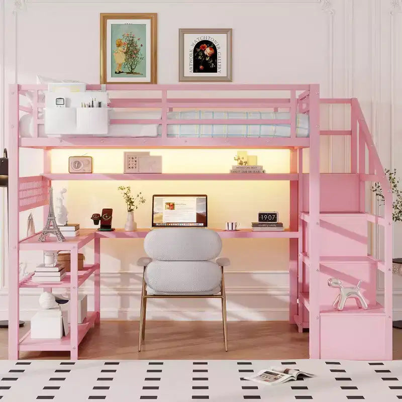 Full Size Loft Bed with Storage Staircase & Wardrobe,Metal Loft Bed with Desk,Storage Shelves,Charge Station,LED Lights for Teens & Adults