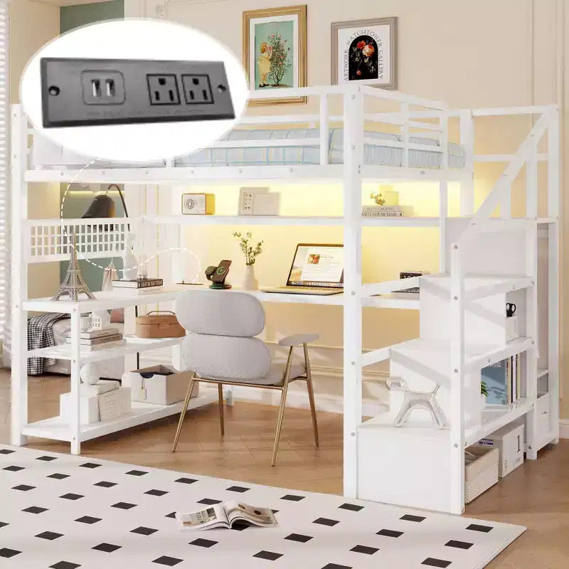 Full Size Loft Bed with Storage Staircase & Wardrobe,Metal Loft Bed with Desk,Storage Shelves,Charge Station,LED Lights for Teens & Adults
