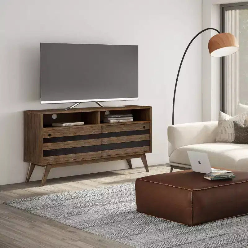 TV Stand for TVs up to 60" Rustic Natural Aged Brown -: Acacia Wood, Cable Management, Adjustable Shelves