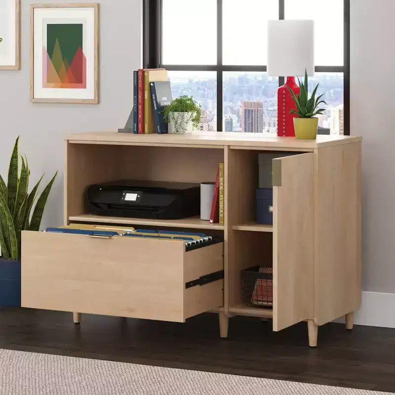 Office Credenza Natural Maple -: Media Stand with Adjustable Shelf & File Storage