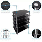 Tempered Glass AV Component Media Stand, Audio Tower and Media Center with 5 Shelves, 220 Lbs Total Capacity, Black Shelves Chrome Legs