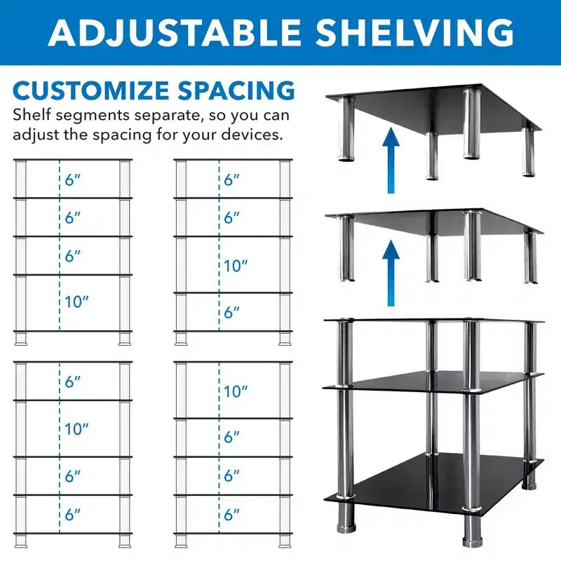 Tempered Glass AV Component Media Stand, Audio Tower and Media Center with 5 Shelves, 220 Lbs Total Capacity, Black Shelves Chrome Legs