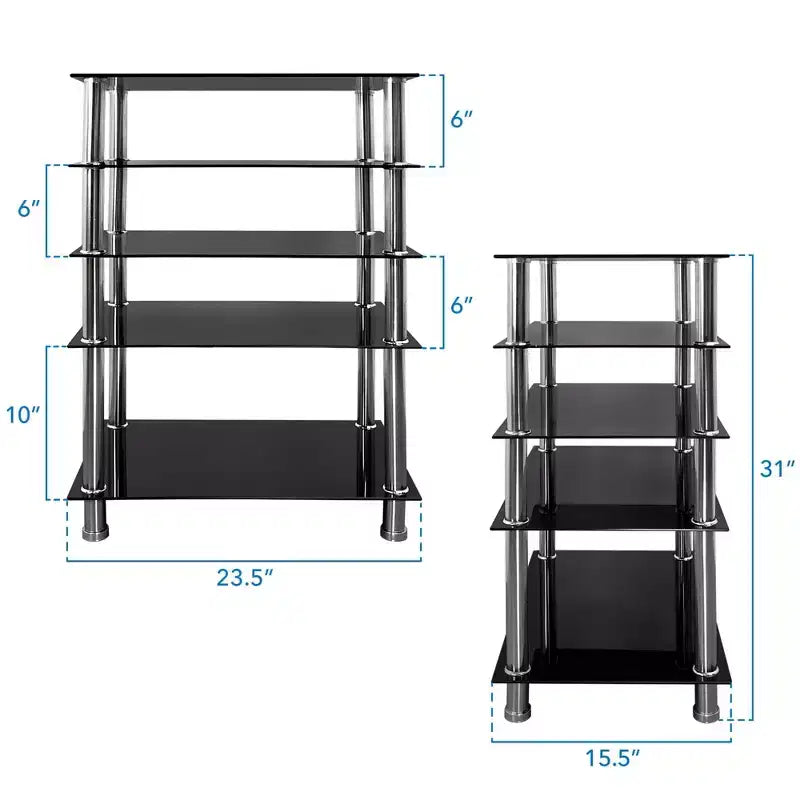 Tempered Glass AV Component Media Stand, Audio Tower and Media Center with 5 Shelves, 220 Lbs Total Capacity, Black Shelves Chrome Legs