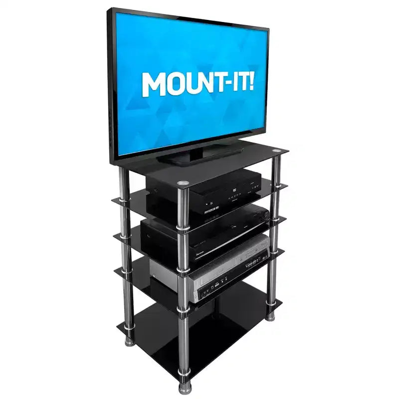 Tempered Glass AV Component Media Stand, Audio Tower and Media Center with 5 Shelves, 220 Lbs Total Capacity, Black Shelves Chrome Legs