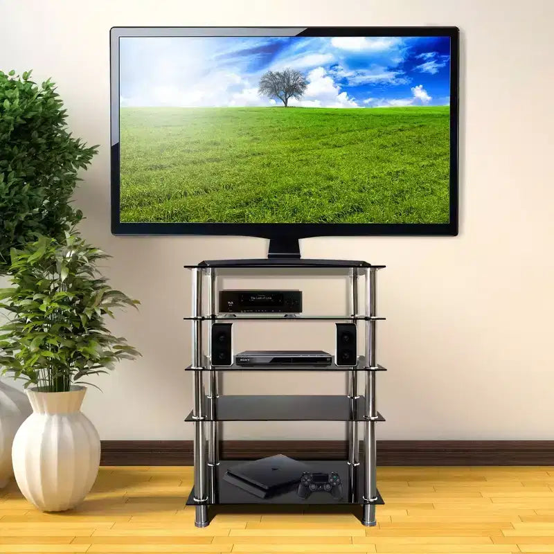 Tempered Glass AV Component Media Stand, Audio Tower and Media Center with 5 Shelves, 220 Lbs Total Capacity, Black Shelves Chrome Legs