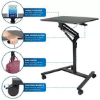 Mobile Standing Laptop Desk | Height Adjustable Rolling Sit Stand Workstation w/ Casters | 27 Wide with Gas Spring Lift Mechanism | Black